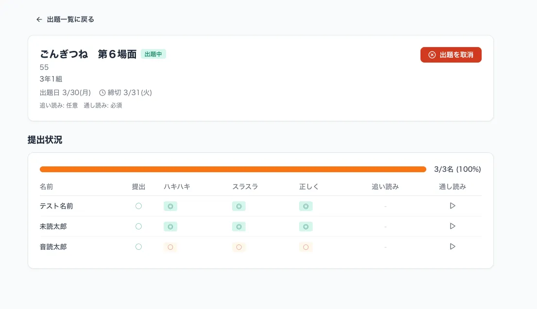 提出状況一覧画面のスクリーンショット